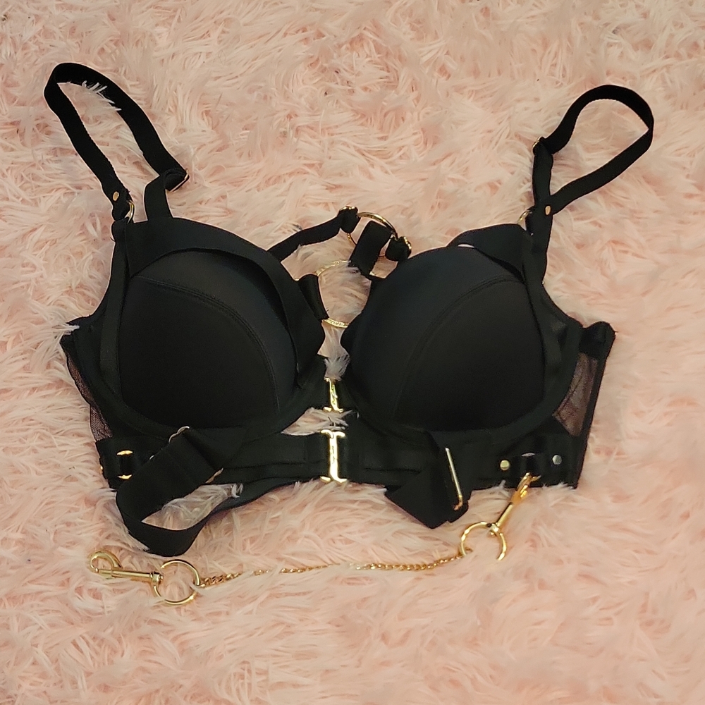 32dd 32e honey birdette kukuro black gold bondage strappy bra chain worn once